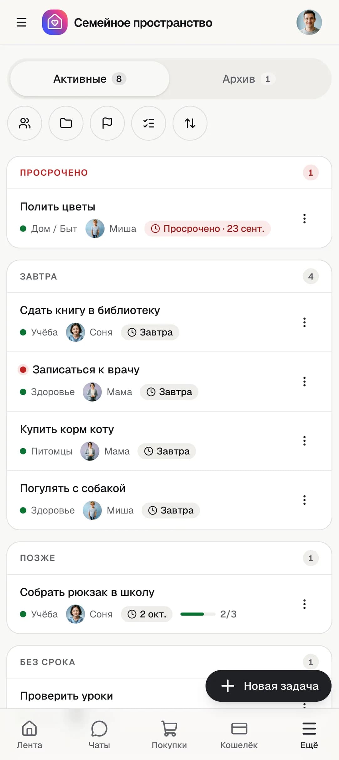 Список задач семьи с исполнителями и сроками